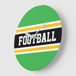 FOOTBALL Green White Black Orange Racing Stripes Large Clock