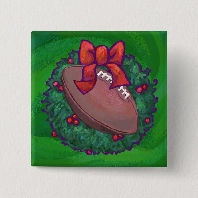 Football in Christmas Wreath on Green 15 Cm Square Badge (Front)