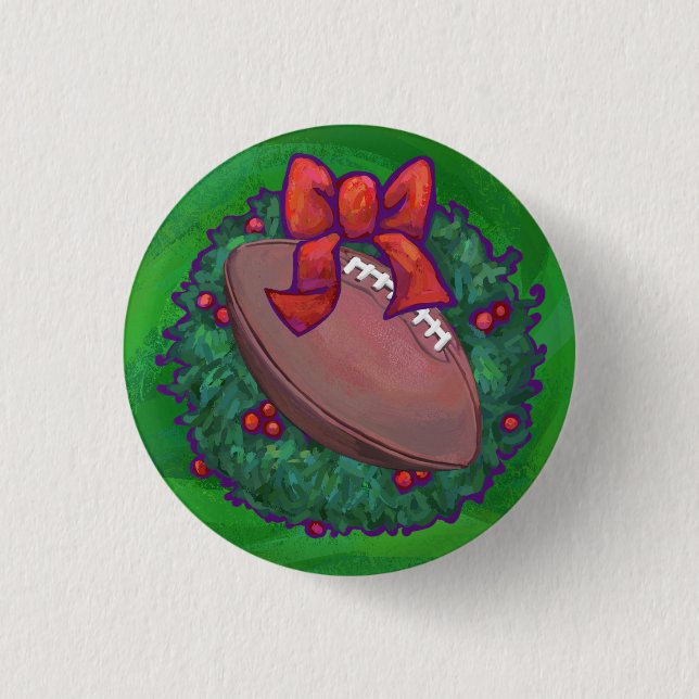 Football in Christmas Wreath on Green 3 Cm Round Badge (Front)