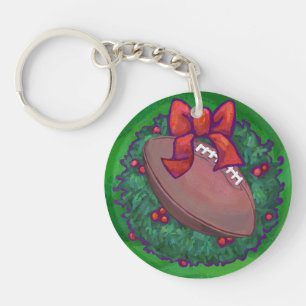 Football in Christmas Wreath on Green Key Ring