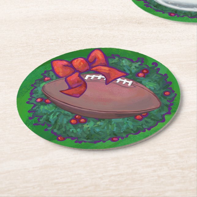 Football in Christmas Wreath on Green Round Paper Coaster (Angled)