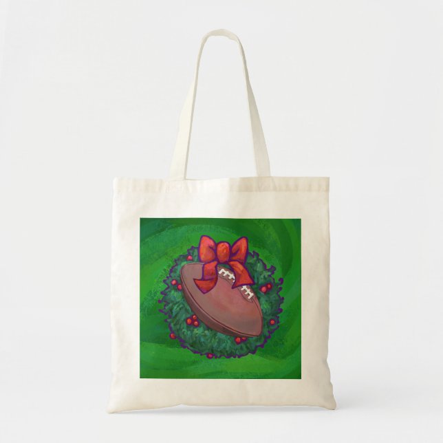 Football in Christmas Wreath on Green Tote Bag (Front)