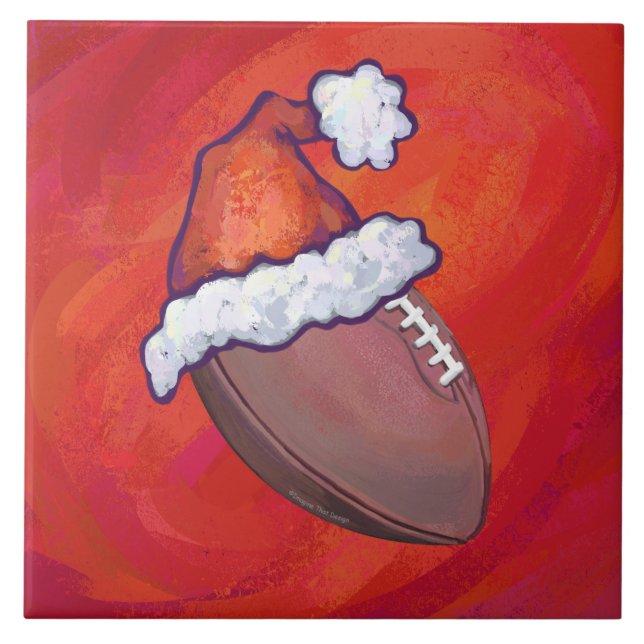 Football in Santa Hat on Red Ceramic Tile (Front)