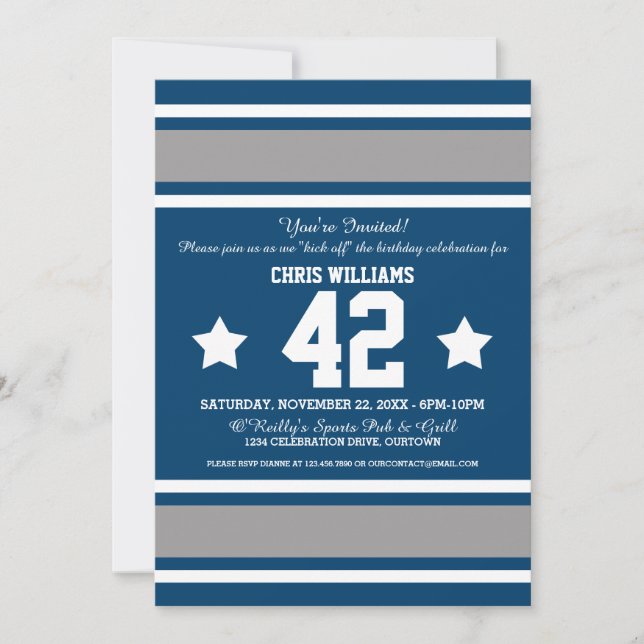 Football Jersey Blue|Silver Party Invitations (Front)