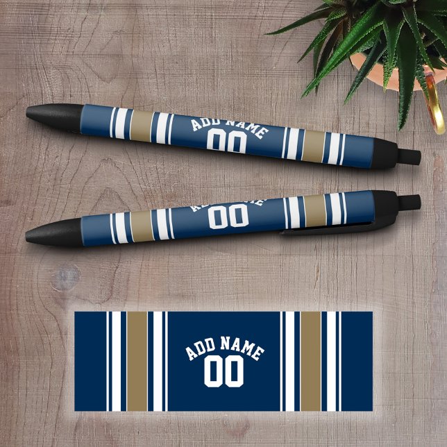 Football Jersey Navy Blue Gold Stripes Name Number Black Ink Pen (Personalized Writing Pens - add your name, monogram or other text)