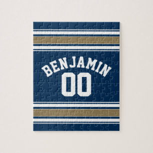 Football Jersey Navy Blue Gold Stripes Name Number Jigsaw Puzzle