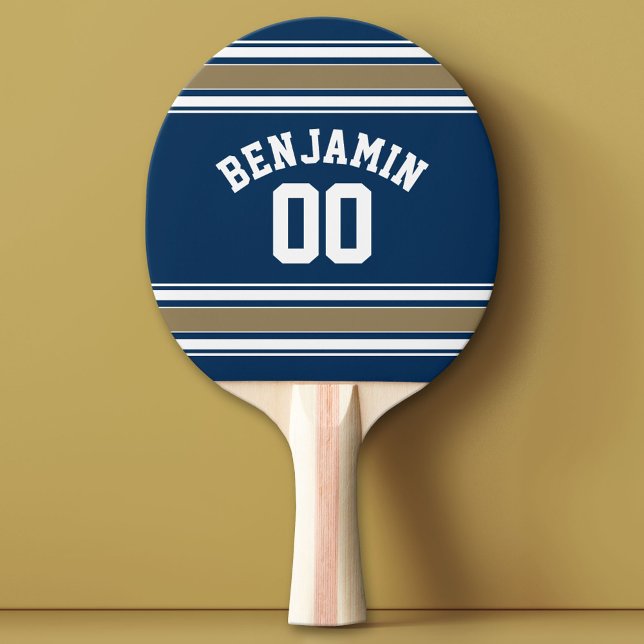 Football Jersey Navy Blue Gold Stripes Name Number Ping Pong Paddle (Custom Ping Pong Paddle with a Sports Theme)