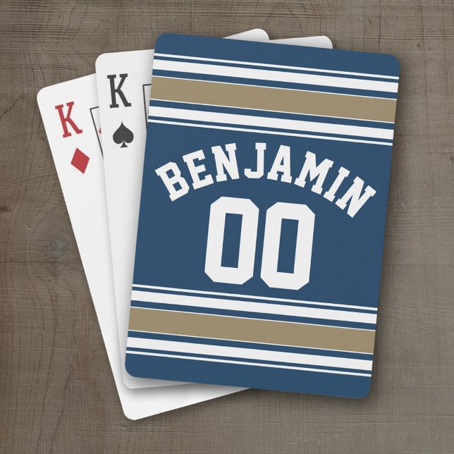 Football Jersey Navy Blue Gold Stripes Name Number Playing Cards (Personalized Playing Cards - Sports Jersey Design)