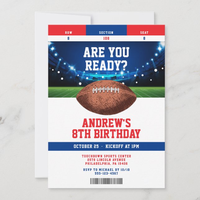Football Kids Birthday Party Ticket Invitation (Front)