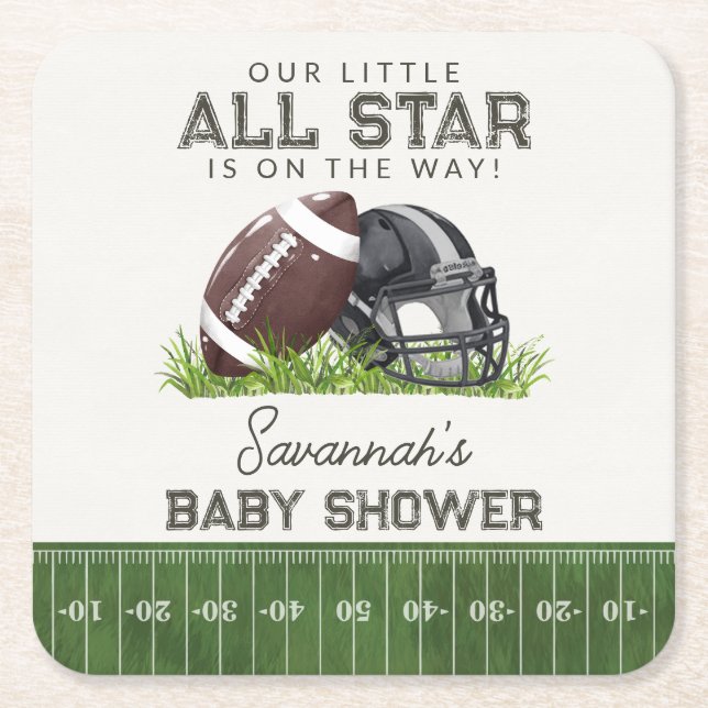 Football Little All Star Touchdown Baby Shower Square Paper Coaster (Front)