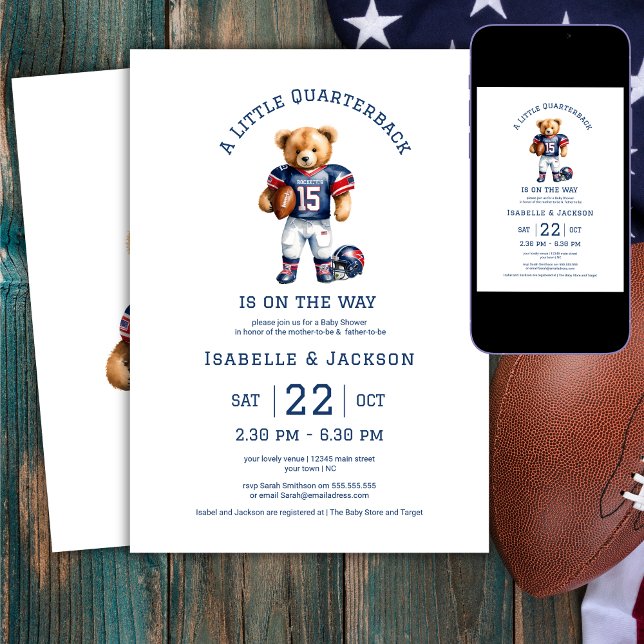 Football Little Quarterback Teddy Baby Shower  Invitation (Creator Uploaded)