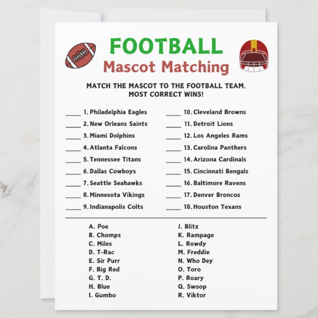 Football Mascot Matching Game (Front)