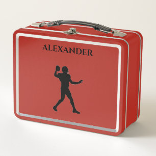 Football metal lunch box in red/custom name.