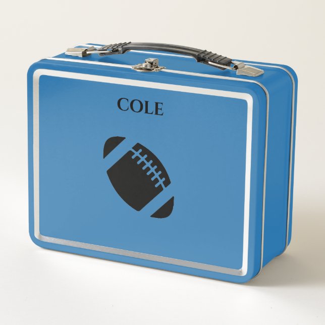 Football Metal lunchbox in light blue/custom name. (Front)