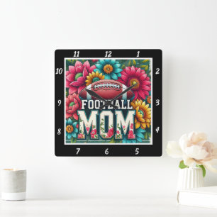 Football Mom Floral Square Wall Clock