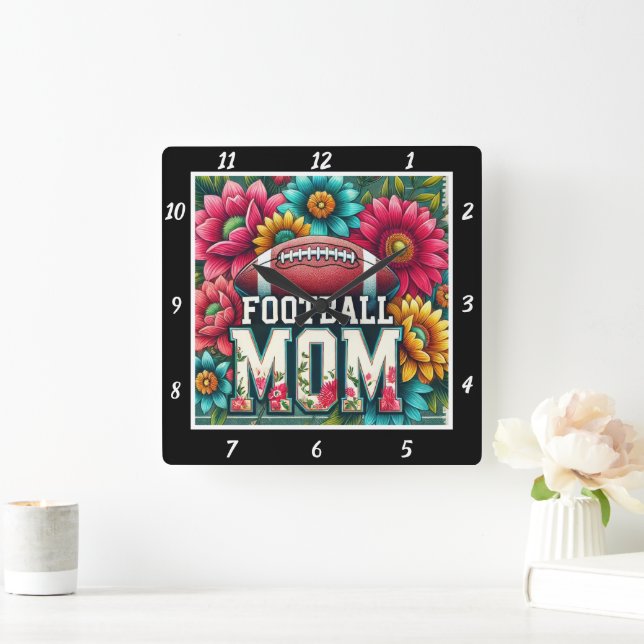 Football Mum Floral Square Wall Clock (Home)