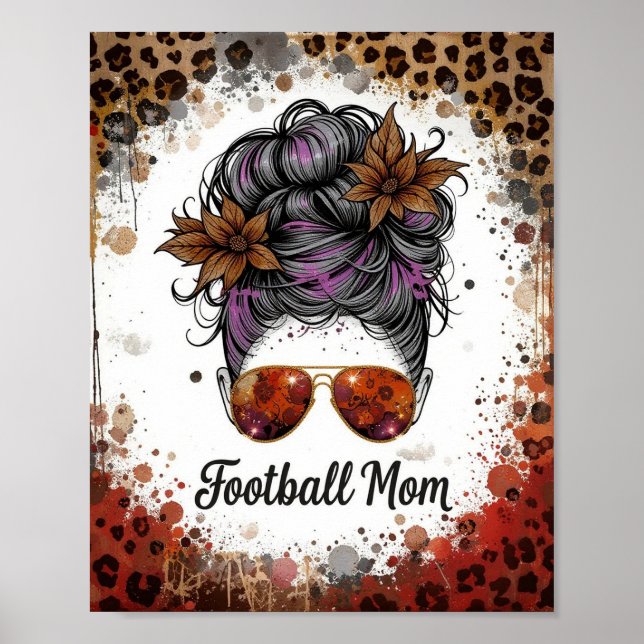 Football Mum Leopard Messy Bun Purple Floral Poster (Front)