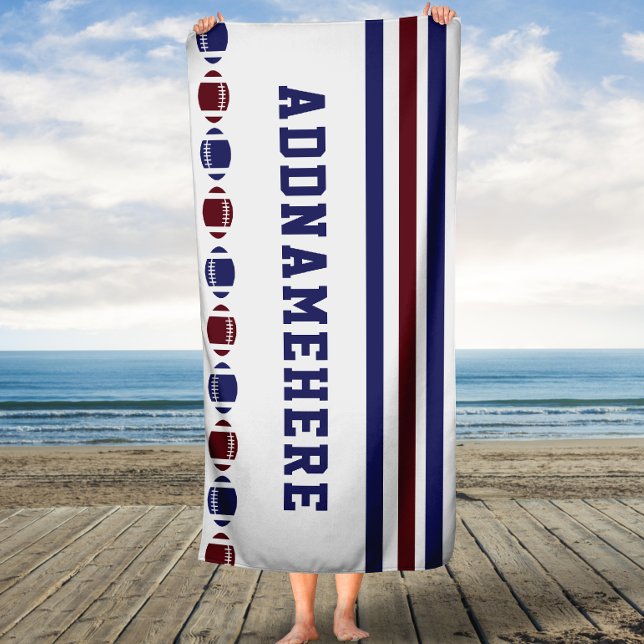 Football Navy Red Stripes Custom Name bath Towel (Creator Uploaded)