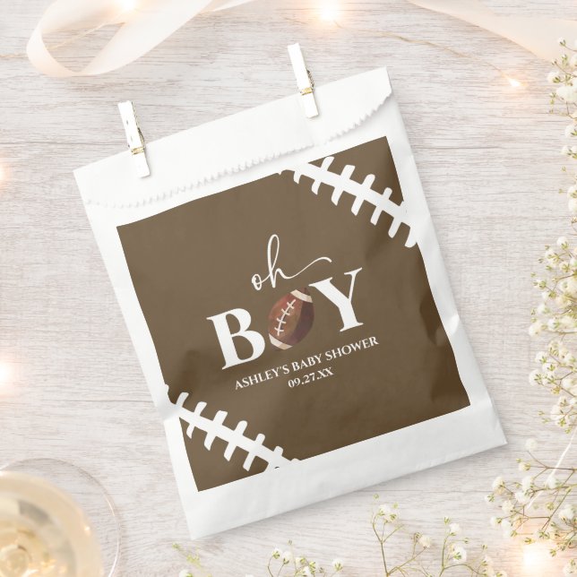 Football Oh Boy Brown White Baby Shower Favour Bag (Clipped)