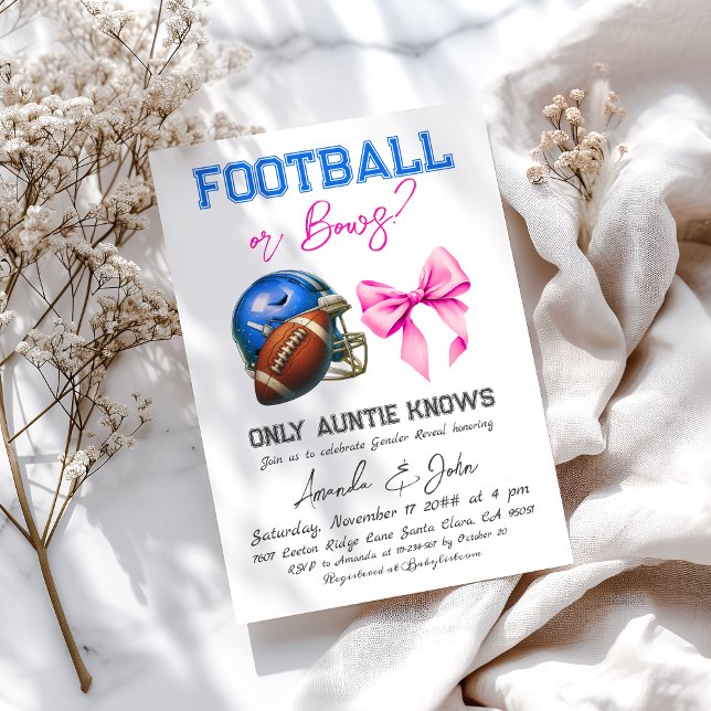 Football or Bows Blue Pink Boy Girl Gender Reveal Invitation (Creator Uploaded)