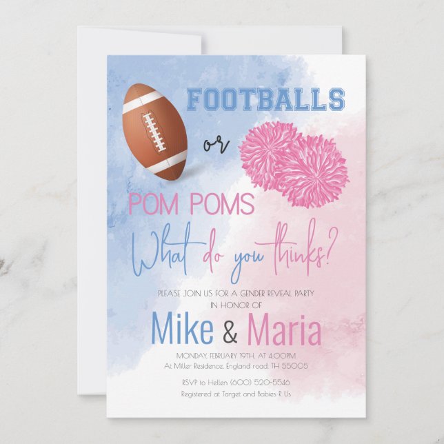 Football or Pom Poms gender reveal invitation (Front)