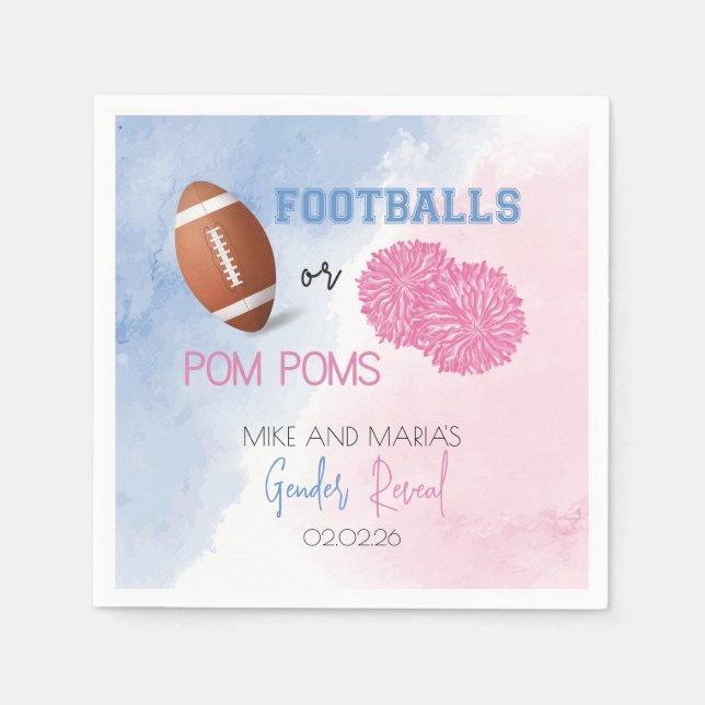Football or Pom Poms gender reveal napkins (Front)