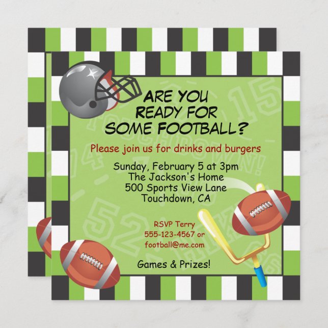 Football Party Invitation for adults or kids (Front/Back)