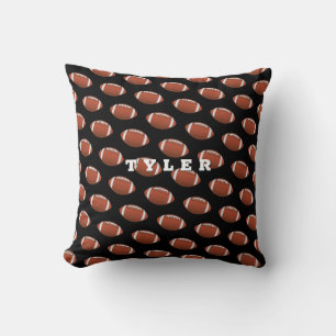 Football Pattern, Personalise Bold Name on Black Cushion