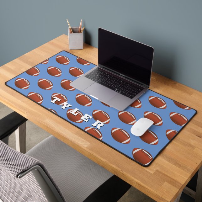 Football Pattern, Personalise Bold Name on Blue Desk Mat (Office 2)