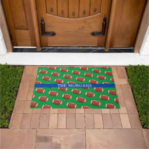 Football Pattern, White Name, Blue & Green Doormat