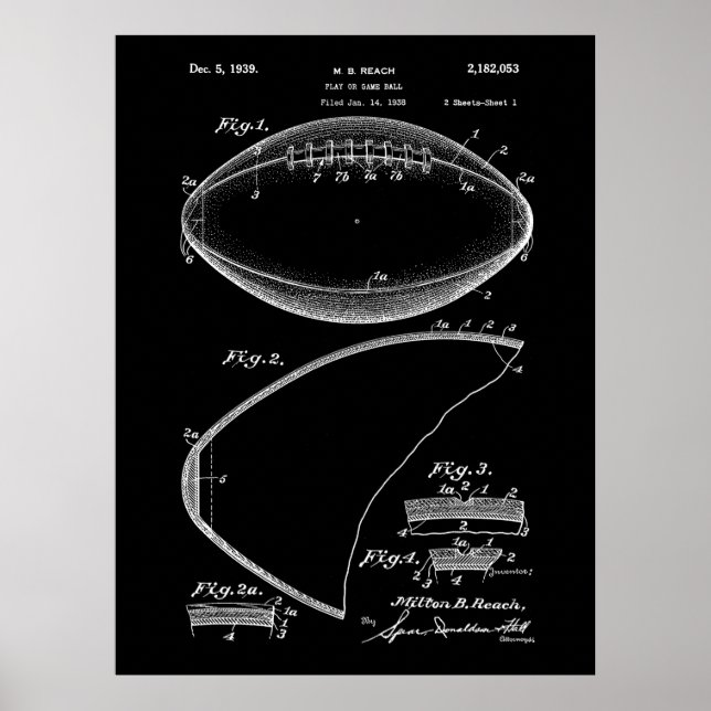 Football Pigskin 1939 Blueprint Patent Poster (Front)