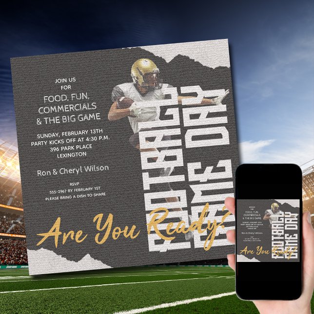 Football Player Game Day Black Invitation (Order INSTANT DOWNLOAD to send digitally or PRINTED cards to mail or both!
)