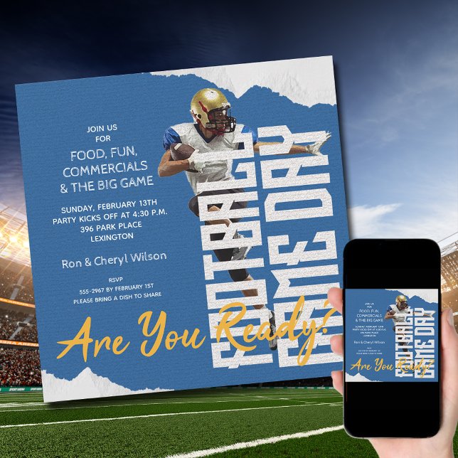 Football Player Game Day Blue Invitation (Order INSTANT DOWNLOAD to send digitally or PRINTED cards to mail or both!
)