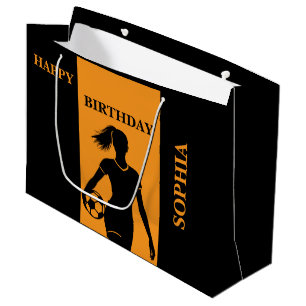 Football Player Girl Black Orange Birthday  Large Gift Bag