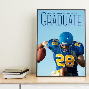 Football Player Graduation 2025 Blue Script Photo Poster