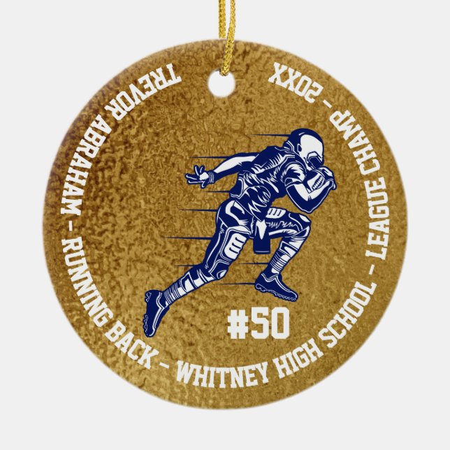 Football Player Monogram Team School Faux Gold Ceramic Ornament (Front)