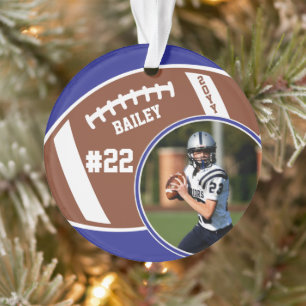 Football Player Name Number Photo Keepsake Blue Ornament