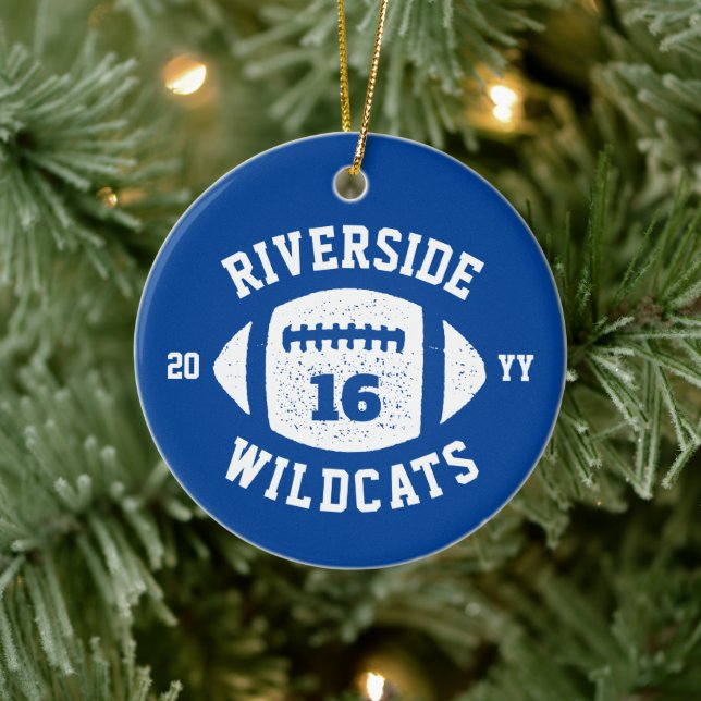 Football player photo blue personalised holiday ceramic ornament (Tree)