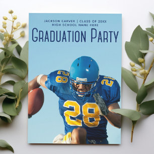 Football Player Photo Blue Script Graduation Party Invitation
