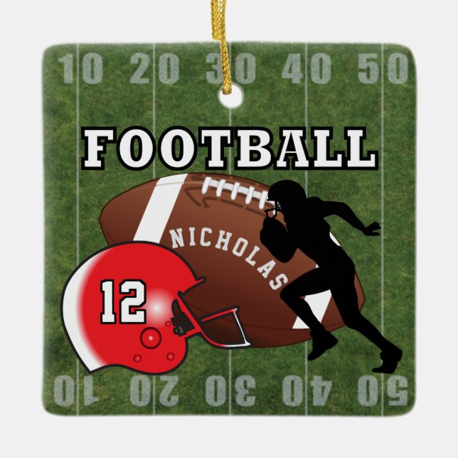 Football Player Touchdown - Red Ceramic Ornament (Front)