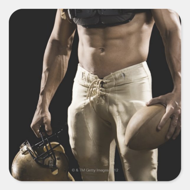 Football player with protective gear, football, square sticker (Front)