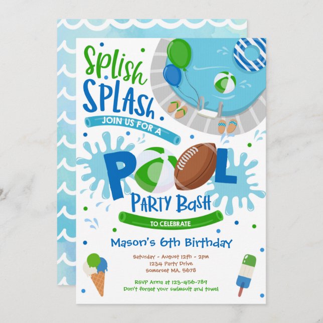 Football Pool Party Splish Splash Pool Birthday Invitation (Front/Back)