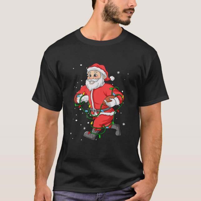 Football Santa Claus Christmas Tree Lights Pajama T-Shirt (Front)