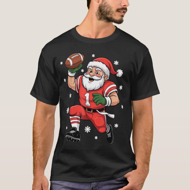 Football Santa Claus Lineman Christmas Quarterback T-Shirt (Front)