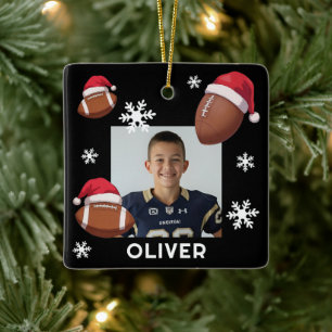 Football Santa Hat Name Photo Christmas Ceramic Ornament