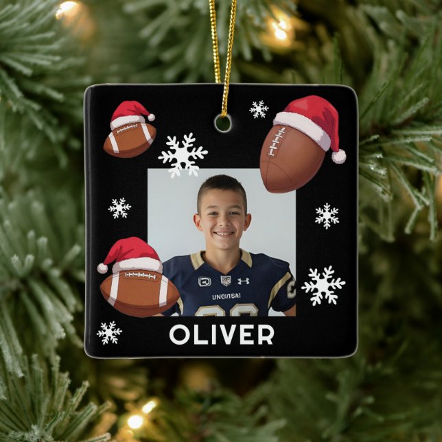 Football Santa Hat Name Photo Christmas  Ceramic Ornament (Tree)
