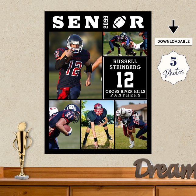 Football Senior 5 Photo Collage Graduation Poster (Creator Uploaded)