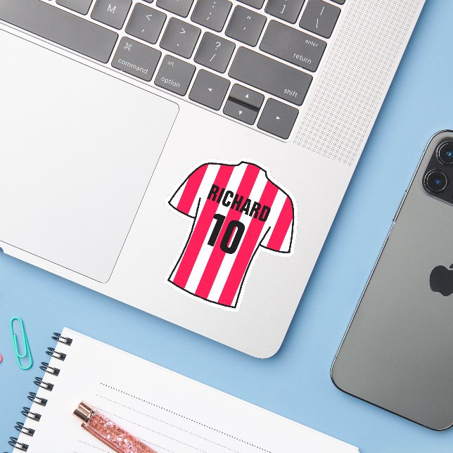Football shirt design in Red & White Stripes (Laptop w/ iPhone)