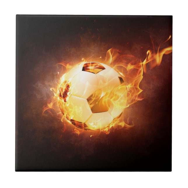 Football Soccer Ball on Fire Ceramic Tile (Front)