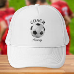 Football Soccer Coach Name Simple Minimal Script Trucker Hat<br><div class="desc">Showcase your love of soccer with this custom trucker hat, which features a black and white football. Above the ball is the heading 'Coach' in capital letters. Personalise the hat with a name, which will appear below the soccer ball in stylish script typography. An ideal novelty gift for a soccer...</div>